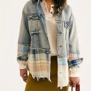 Free People Mixed Plaid Denim Flannel Jacket Small